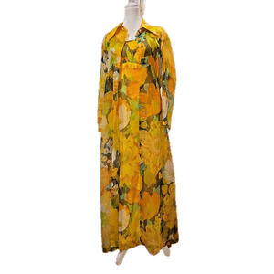 70s VTG Yellow Floral Maxi Dress + Sheer Coat Set Boho Cottagecore Festival Gown